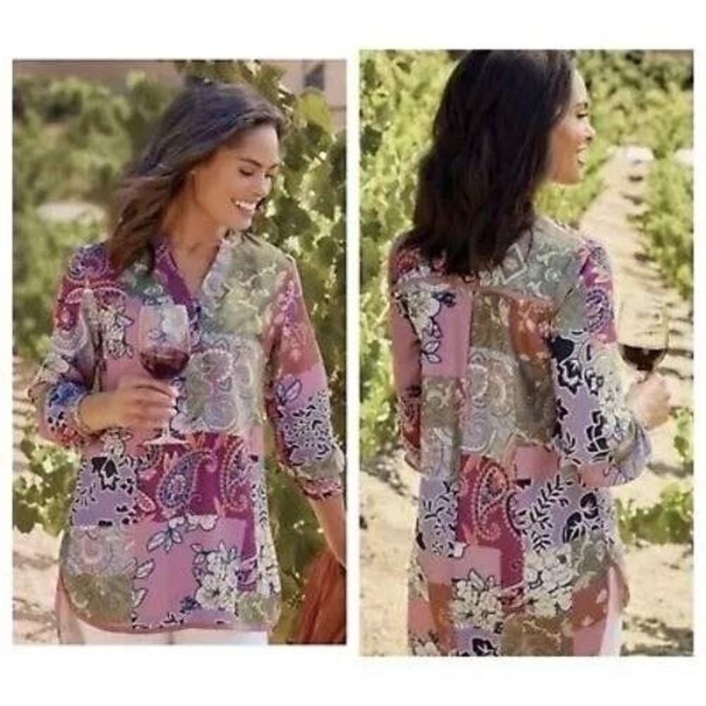 Soft Surroundings Alvadore Fleur Floral Garden Paisley Patchwork Tunic Top XS‎